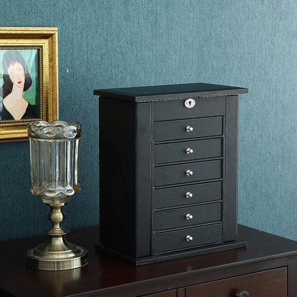 6 Tier Jewelry Box w/ Drawers, Mirror, Lock - Black Vegan Leather - Picture 3 of 7